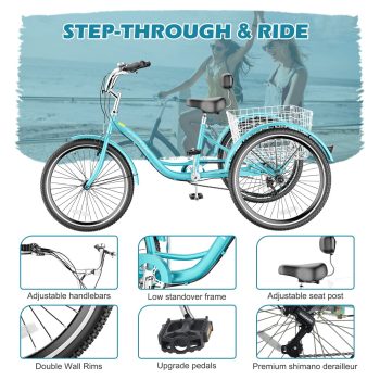 Mooncool Adult Tricycles 7 Speed, 26 inch 3 Wheel Bikes, Three-Wheeled Bicycles Cruise Trike with Shopping Basket for Seniors, Women, Men