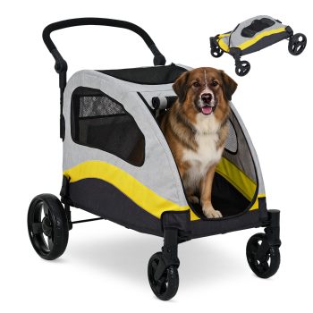 Heavy Duty Double Pet Stroller for Large Dogs Up to 160 lbs, Collapsible Jogger with Shock-Absorbing Wheels, Breathable Mesh, Adjustable Handle