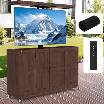 HABUTWAY Outdoor Motorized TV Lift Cabinet 15.35 Solid Wood for 32-65 TVs, Weatherproof Rolling TV Stand with Remote, Patio Backyard Poolside TV Cabinet on Wheels