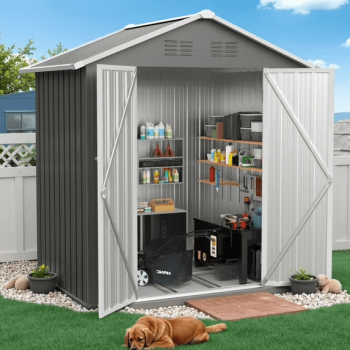 6' x 4' Outdoor Storage Shed with Base, ENYOPRO Galvanized Metal Garden Tool Shed with Lockable Double Doors, Sloped Roof & Vent for Backyard Patio Lawn, Gray