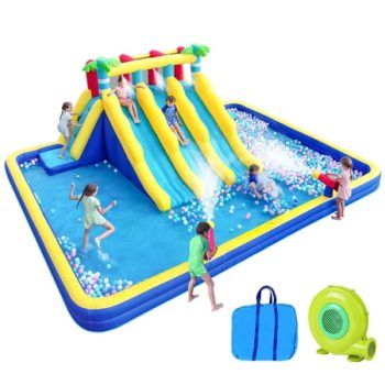 Inflatable Water Slide Park with 3 Racing Slides, Bounce House, Climbing Wall, Splash Pool & 2 Water Blasters, Kids Outdoor Water Play Center with 750W Blower, Carrying Bag for Ages 3-11