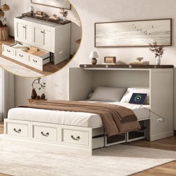 Farmhouse Size Murphy Cabinet Bed with Large Drawer and Power Charging Station, Free-Standing Chest Bed for Living Room/Guest Room, No Wall Mounting Required