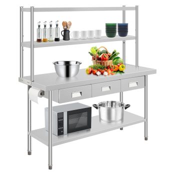 72 Inx24 In Stainless Steel Work Table with Overshelf and 3 Drawers for Kitchen Garage Warehouse