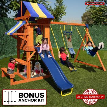 Sportspower Sunnyslope Wooden Swing Set with Play Fort, Trapeze, 6ft Double Wall Slide with Lifetime Warranty, & Bonus Anchor Kit