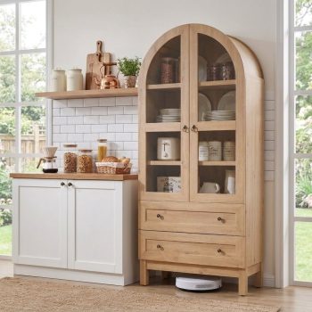 Aitjunz 71" Tall Arched Storage Cabinet with Glass Doors & 2 Drawers, Farmhouse Wood Pantry Cabinet w/ Adjustable Shelves for Bathroom, Kitchen & Living Room