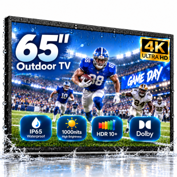65Inch Outdoor TV, 4K Outdoor Smart TV, 1000nits High Brightness Outdoor TVs, IP65 Waterproof TV, Voice Assistant Remote, Compatible with Dolby, Wide Viewing Angle Smart TV, Suitable for Partial Sun