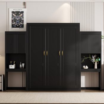 Harper & Bright Designs Queen Murphy Bed Wall Bed with Cabinets, Wood Queen Size Cabinet Bed Folding Wall Bed with Desk and Vanity for Guest Room Office