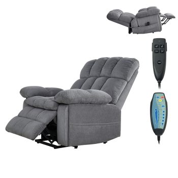 KFFKFF Power Lift Recliner Chair with Dual Motor, Oversized Electric Lift Chair for Seniors, Heat and Massage Functions, Adjustable Positions, Chenille Upholstery, Includes Side Pockets, Light Gray