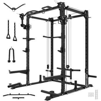 Eonfit E2 Power Cage with 3D Rotation Arms - Multi-Functional Power Rack for Home Gym. 1500lb Squat Rack for Home Gym. Pulley System for Cable Crossover & LAT Pulldown (E2 BLK PRO)