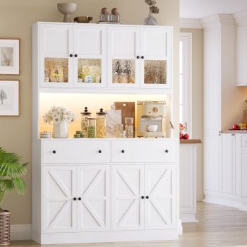 Homfa 71" Tall Kitchen Pantry Cabinet with LED Lights & Charging Station, MDF Freestanding Storage Cupboard with 8 Doors 2 Drawers, Buffet Cabinet with Storage for Dining Living Room