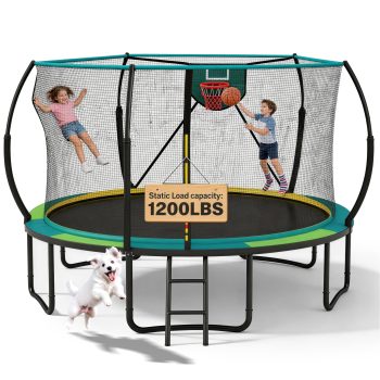 12FT Trampoline for Kids with No-gap Design, SHINPT Outdoor Trampoline with Basketball Hoop, 12FT Kids Trampoline with 1200LBS Capacity, Big Trampoline Outdoor for Backyard, Large Trampoline Outdoor