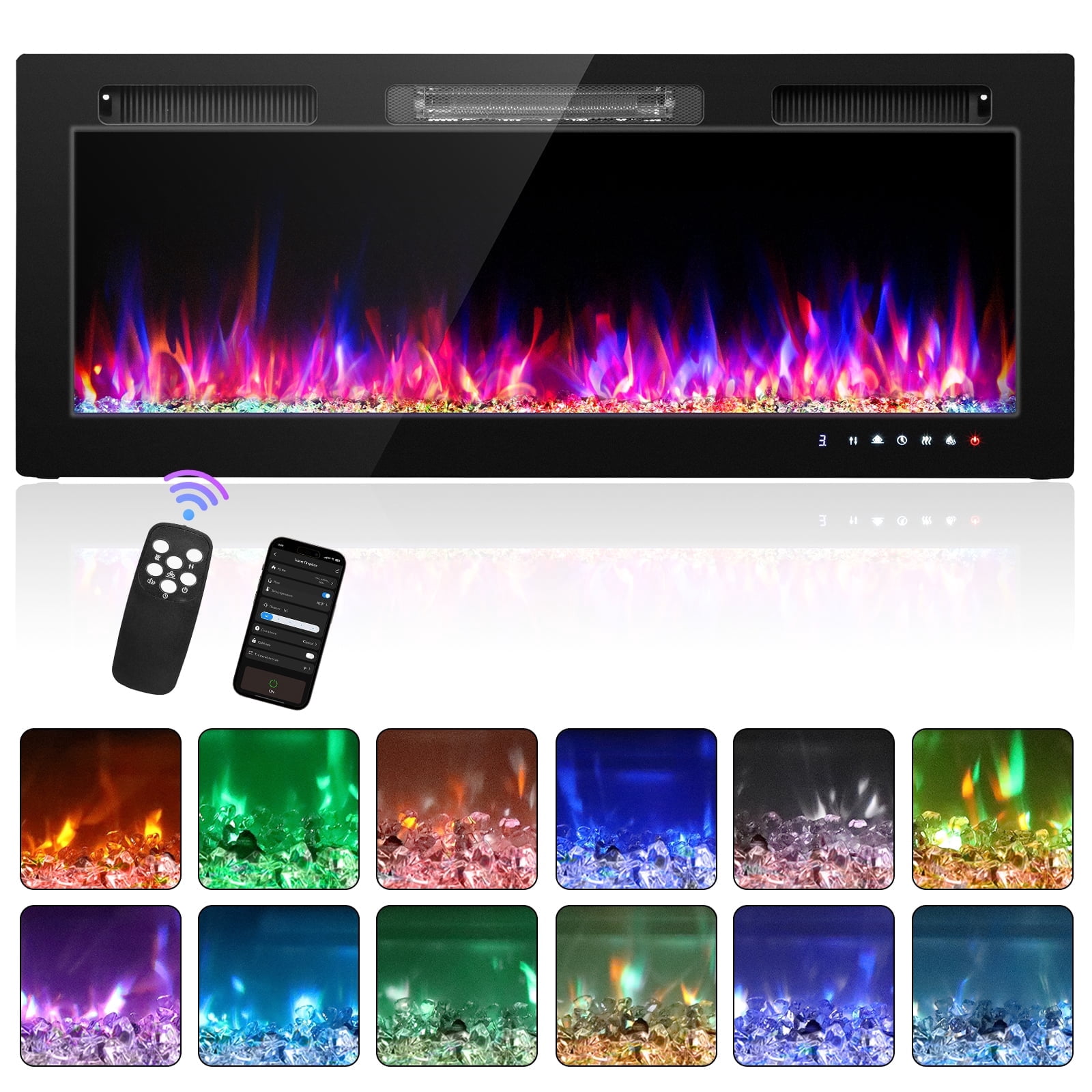 Ktaxon 50" Electric Fireplace, Inserts/Wall Mounted Fireplace Heater with WiFi Remote Control, 12 Adjustable Flame Colors, Log & Crystal, 8H Timer for Living Room, Bedroom