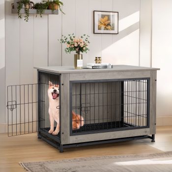 Walsunny Wooden Dog Crate Furniture,Double-Doors Kennel Indoor with Divider and Removable Tray,End Table Dog Crate for Decoration 38.6"L x 25.6"W x 26.8"H, Grey