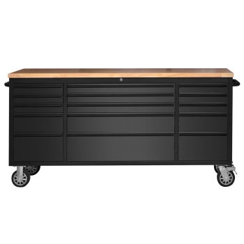 72" Heavy Duty Rolling Tool Chest, Steel Locking Tool Cabinet with 15 Drawers Mobile Workbench with Rubber Wood Work Surface Tool Box with Wheels