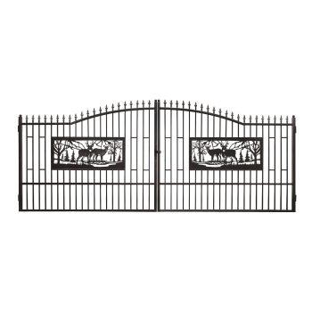 20 x 7 FT Double Swing Driveway Gate, Heavy-Duty Galvanized Steel with Powder-Coated Finish, Decorative Deer-Design Wrought Iron-Style Outdoor Gate for Driveways, Farms, Ranches & Yards, 3D Finial