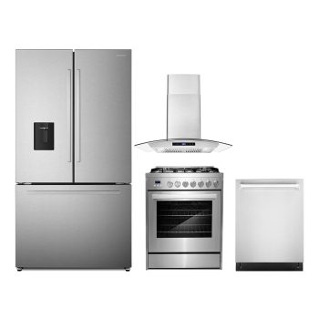 4 Piece Kitchen Package with 30" Freestanding Gas Range 30" Wall Mount Range Hood 24" Built-in Fully Integrated Dishwasher