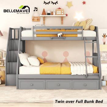 BELLEMAVE Twin over Full Bunk Bed with three drawer, bulid in ladder and storage stairs, Convertible into 2 beds, Bunk bed/Wood Bunk Bed for Teens()
