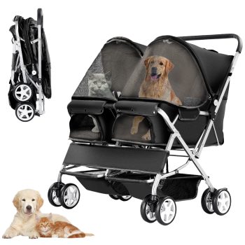 Double Pet Stroller for 2 Dogs/Cats weighing up to 44 pounds Three in one pet stroller, foldable, double basket and seat belt, suitable for walking, traveling