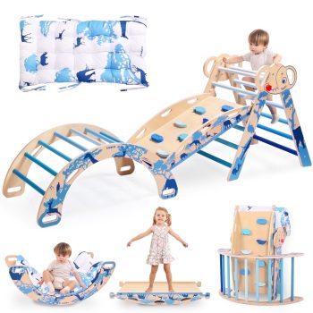 Pikler Triangle Set with Cushion, 8 in 1 Wooden Montessori Climbing Toys Playground Jungle Gym Indoor Playsets for Toddler, Baby, Kid