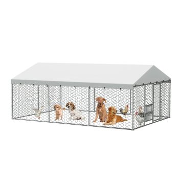 EHANCIS 15x10 FT Outdoor Dog Kennel, Heavy Duty Galvanized Steel Frame with Waterproof Canopy, Built-in Feeding Bowls, Escape-Proof Lock for Large Dogs