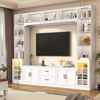 ChVans 106" W Wall Unit TV Stand with Storage for TVs up to 80", Modern TV Console with LED Lights, Entertainment Center with Bookshelves for Living Room