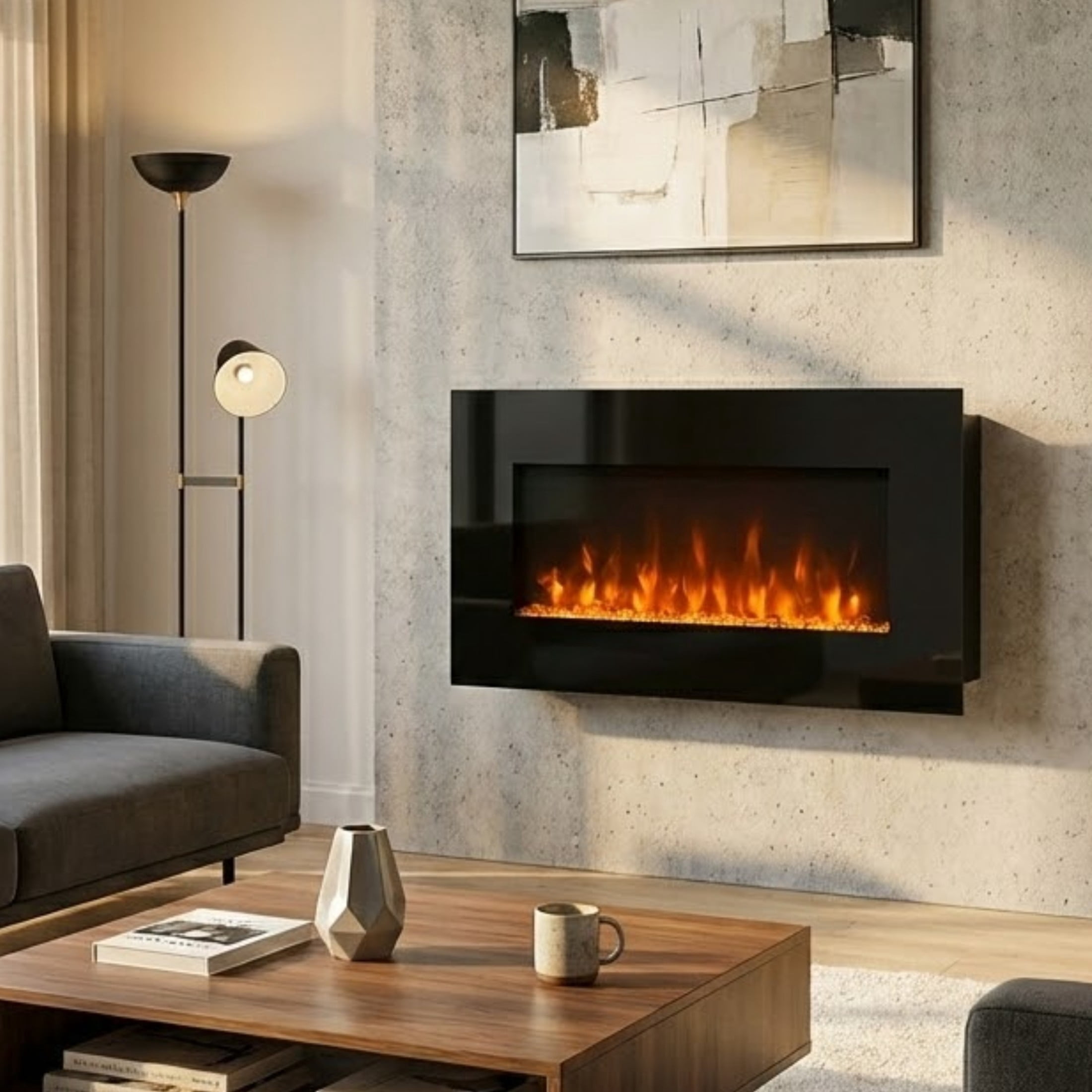 Northwest 42-Inch Modern Wall-Mount Electric Fireplace with Remote (Black)
