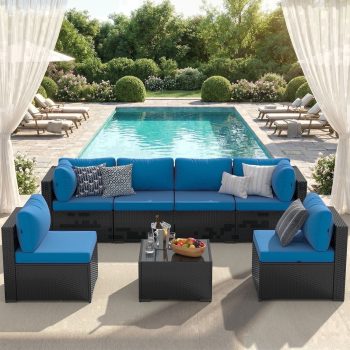 Clouddwell 7 Piece Outdoor Patio Furniture Set, Wicker Rattan Patio Sectional Sofa Set