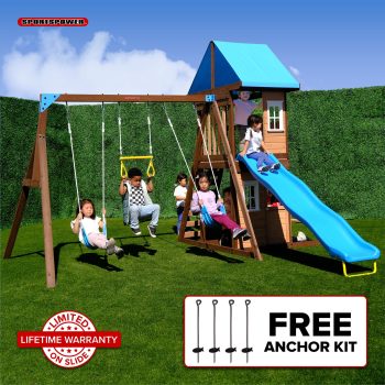 Sportspower Lakeview Wooden Swing Set with Slide, Belt Swings, Trapeze Play Fort with Play Kitchen, Bench, & Rock Climber Ladder, 8-in-1 Outdoor Playset for Kids Age 3 to 8