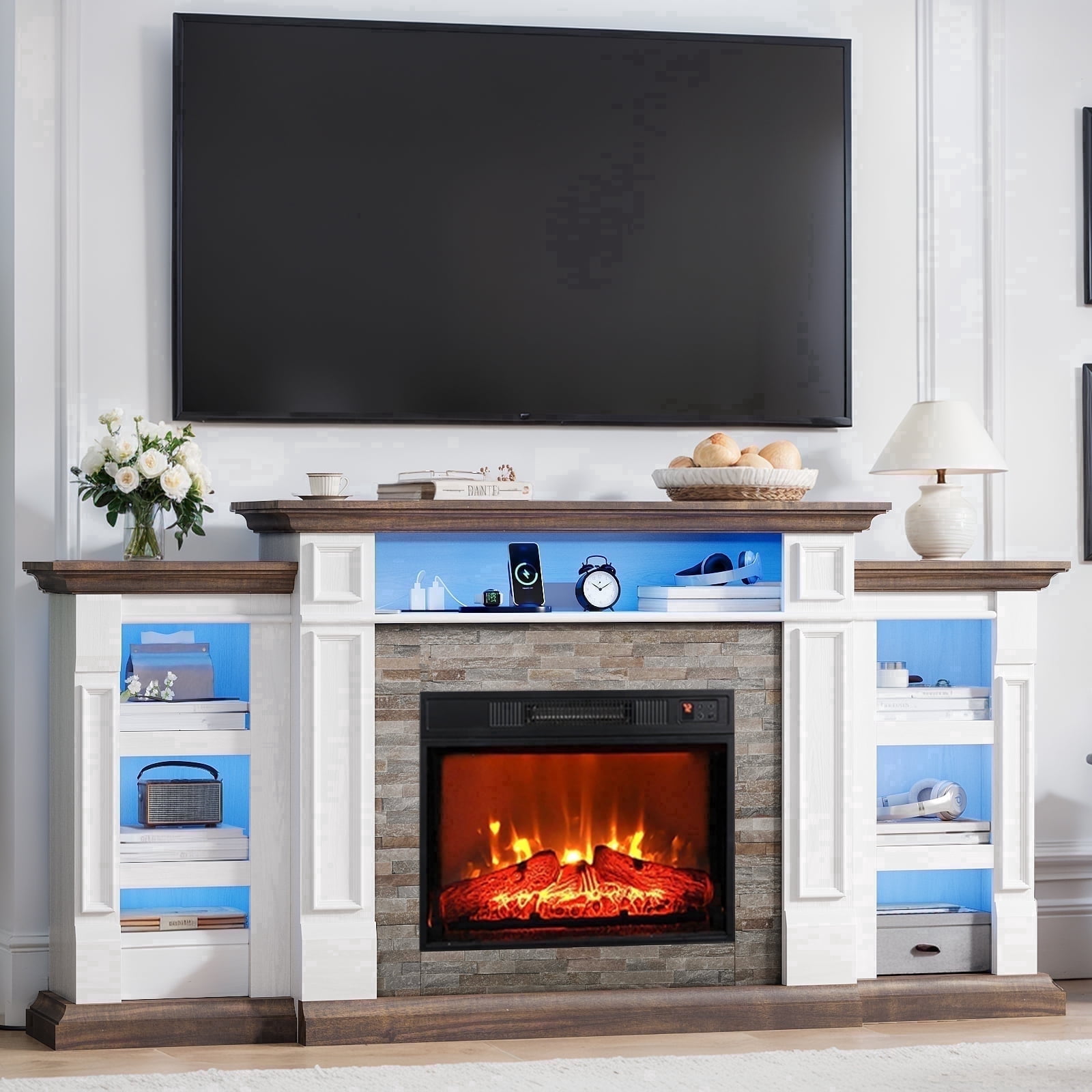LGHM 72" Fireplace TV Stand for 75 inch 80 inch TV with Charging Station & LED Lights, Electric Fireplace with Mantel, Farmhouse Entertainment Center with 23" Electric Fireplace, White Brown