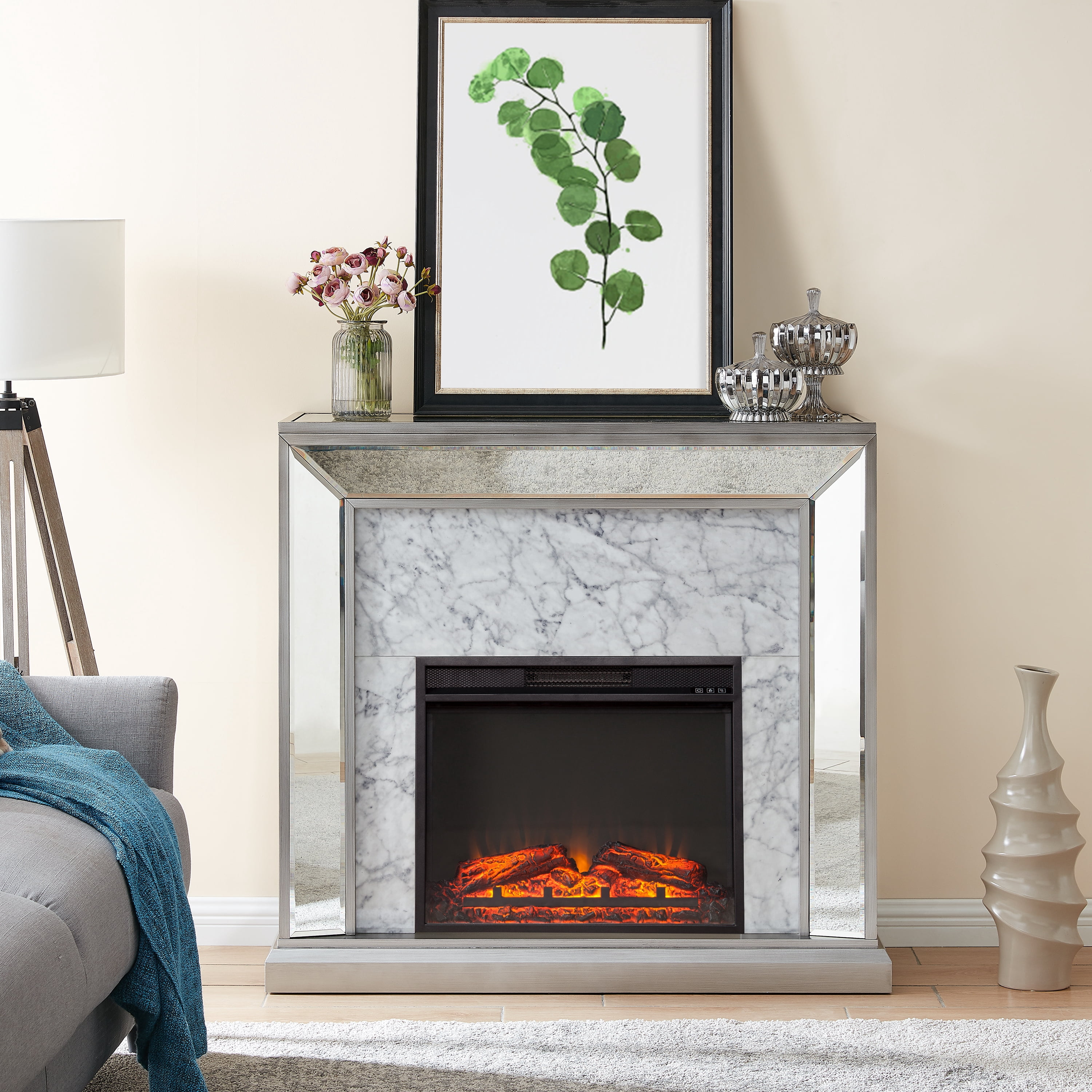 SEI Trandling Mirrored Faux Marble Electric Fireplace, Silver