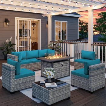 8-Piece Outdoor Patio Furniture Set with 55,000 BTU Fire Pit Table, PE Wicker Rattan Sectional Sofa Conversation Set - All-Weather Garden, Backyard Furniture