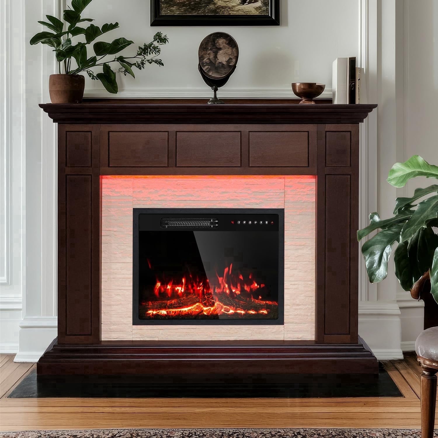 Kincubow Electric Fireplace with Mantel, Corner Design Entertainment Center, 23 Inch Electric Fireplace Heater, LED Flame Effect, Remote Control, Coffee