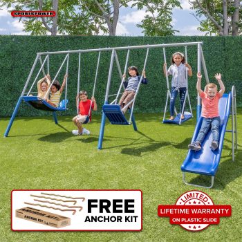 Sportspower Super Surfer Metal Swing Set with Surfboard Swing, Skyflyer Swing, Standing Swing, Lifetime Warranty on 6ft Slide, BONUS Anchor Kit