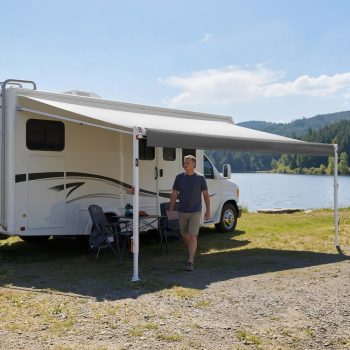 Manual Rv Awning Complete Kit with Sunshade Screen, 18.12Ft Retractable Aluminum Alloy Frame, Waterproof Fabric