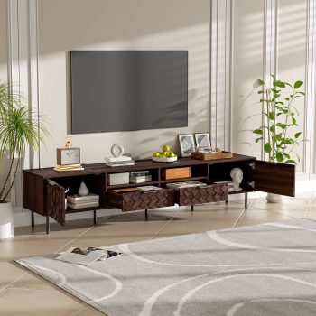 78 inch Modern TV Stand for TVs up to 85, Entertainment Center with Closed Storage & Cable Management, Soft-Closing Hinges, Iron Legs for Living Room, Dark Brown MDF