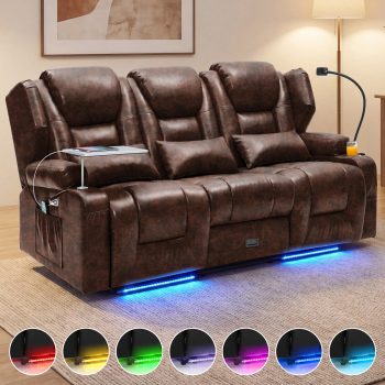 Electric Power Reclining 3-seat Sofa, 4-Point Vibration Massage & Lumbar Heating, Adjustable 90°-150° Recline, RGB LED Light Strip, Side Storage Pockets for Living Room, Pu Leather, Gray