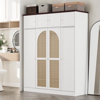 70.87"Tall 8-Door Large Capacity Armoire Wardrobe Closet with Hanging Rod, Adjustable Shelves and Rattan Decorative Doors, Clothing Storage Cabinet for Bedroom, walk-in closet, Living Room