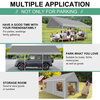 COBIZI Carport 12'x20' Large Heavy Duty Car Tent with Powder-Coated Steel Frame, Portable Garage with Removable Sidewalls & Doors, Car Canopy with All-Season Tarp for Outdoor Party, Birthday, Gray