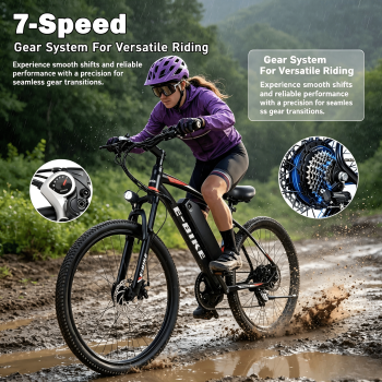 Electric Bike for Adults with 26" tire, 749W Peak Motor ebike 20MPH 40Mi Range, 432Wh Removable Battery Electric Mountain Bike, 7-Speed Off-Road eMTB, UL2849 Certified