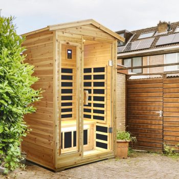 2 Person Old Fir Far Infrared Outdoor Sauna Room, Waterproof Wooden Backyard Sauna, 1750W 6 Heating Panels, LCD Touch Control, Bluetooth Speaker, LED Ambient Lights, 120V US Plug