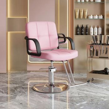 360-Degree Swivel Barber Chair with Hydraulic Height Adjustment, Heavy-Duty Salon Styling Chair with PU Leather and 350 lb Capacity, Pink