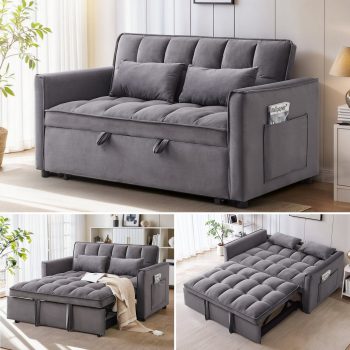 Anpport 3-in-1 Convertible Sleeper Sofa Bed, Pull-Out Loveseat Couch with Adjustable Back for Small Spaces, Dark Gray