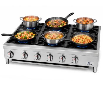 Cooler Depot NSF 36-Inch Commercial Heavy-Duty 6-Burner Gas Countertop Hot Plate, Stainless Steel Restaurant Cooking Range with Cast Iron Grates, Independent Burner Controls and Removable Cr