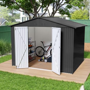 Uforic Outdoor Storage Shed, Heavy-Duty Steel Tool Shed with Lockable Double Doors and Sloped Roof, Large Organizer for Garden Backyard Patio, Dark Gray