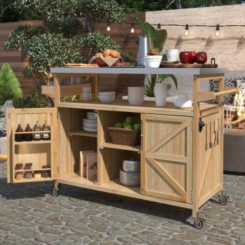 Outdoor Kitchen Island with Stainless Steel Top, Wood Grill Cart Storage Cabinet with Adjustable Shelf, Outdoor Grill Table with Spice Rack & Towel Rack