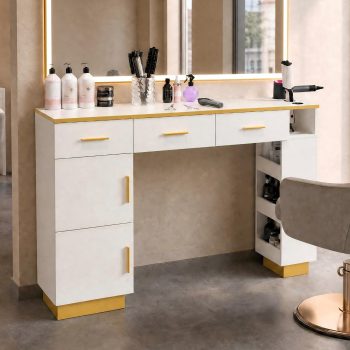 Advwin Freestanding Salon Station for Hair Stylist, Barber Station with Storage, 3 Drawers, 2 Cabinets, Open Shelves & 3 Tool Holders, Salon Furniture for Barber Shop, Spa & Home, Accent