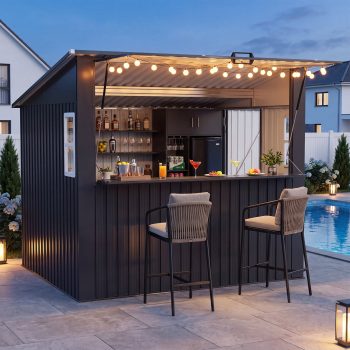 Clouddwell 8'x7' Outdoor Bar Shed with Fold-Down Counter, Metal Storage Shed with 2 Windows, TV Mount, Canopy, Outside Bar for Backyard, Patio, Beach, Commercial, Black