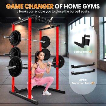 Tanfengu 1200LBS Power Cage Squat Rack, Heavy-Duty Steel Power Rack with Adjustable Safety Bars & Pull-Up Bar, for Home Gym Strength TrainingRed