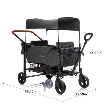 2-Seater Wagon Stroller with 5-Point Safety Harness, Adjustable Canopy, Push-Pull Handles, 7-Level Height Adjustment, Foldable Frame for Kids 6-36 Months
