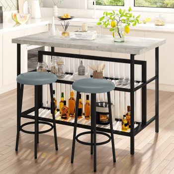 LinkRomat Kitchen Island with Stools & Storage, 3 Piece Modern Bar Table Set for 2, Small Kitchen Table for Apartment, Home Bar, Dining Room